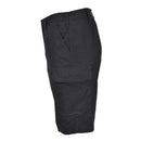 Side view of black Mil-Tec German Army style prewashed moleskin Bermuda shorts with cargo pocket.
