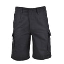 Black prewashed moleskin Bermuda shorts with cargo pockets, inspired by German Army style for rugged durability.