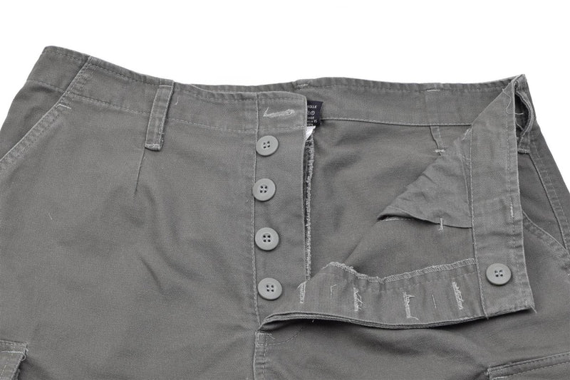 Mil-Tec olive green German Army style prewashed moleskin bermuda shorts with button fly and belt loops.