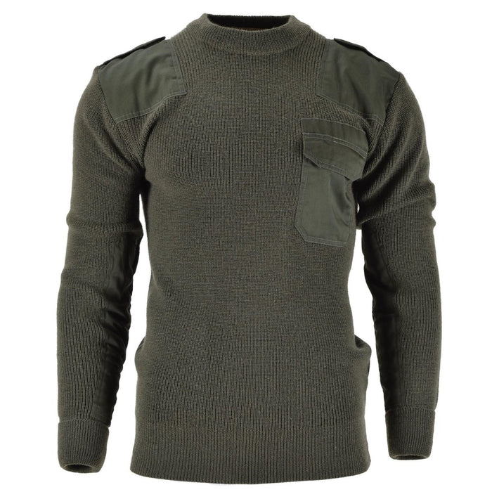 Pull commando en laine de style Bundeswehr allemand vert olive Mil-Tec avec épaules renforcées et poche poitrine.