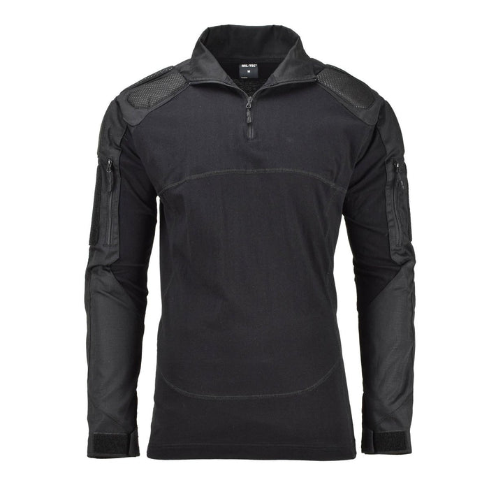 Chemise de combat tactique noire Mil-Tec avec coudes et épaules rembourrés, tissu respirant, durable et évacuant l'humidité.