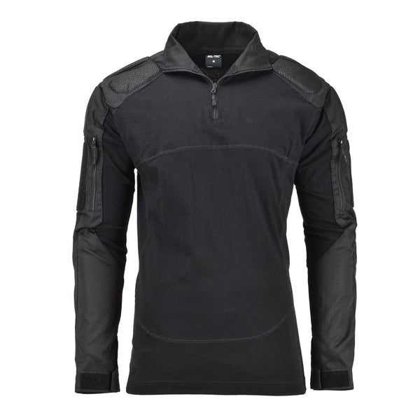 Mil-Tec black tactical combat shirt with padded elbows and shoulders, breathable, durable, and moisture-wicking fabric.