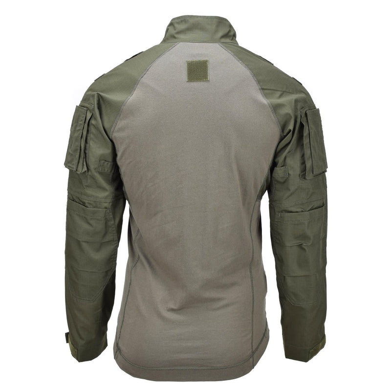 Back view of Mil-Tec olive tactical field combat shirt with breathable fabric and reinforced sleeves.