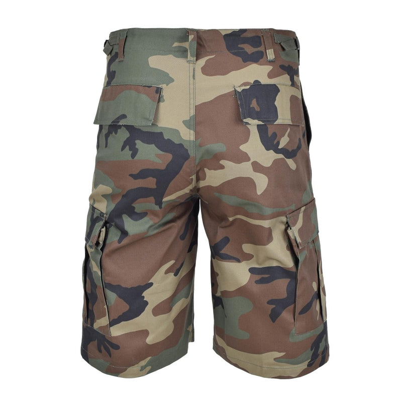 Mil-Tec military style woodland camouflage bermuda cargo shorts with multiple pockets for outdoor and casual wear.