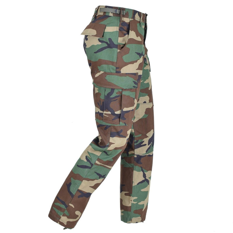 Side view of Mil-Tec U.S. Army style woodland camouflage ripstop cargo BDU pants designed for durability and outdoor use