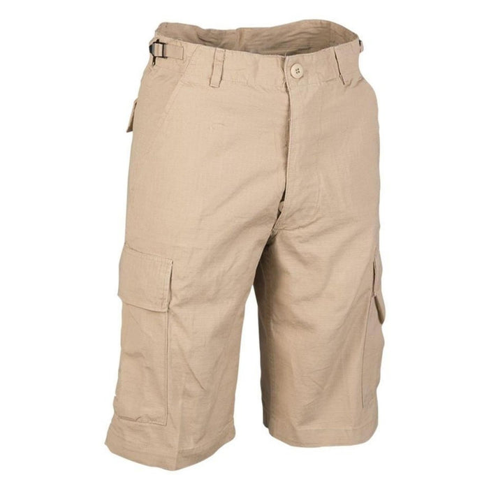 Bermuda kaki Mil-Tec U.S. Military avec tissu ripstop, poches cargo, passants de ceinture et design durable prélavé.