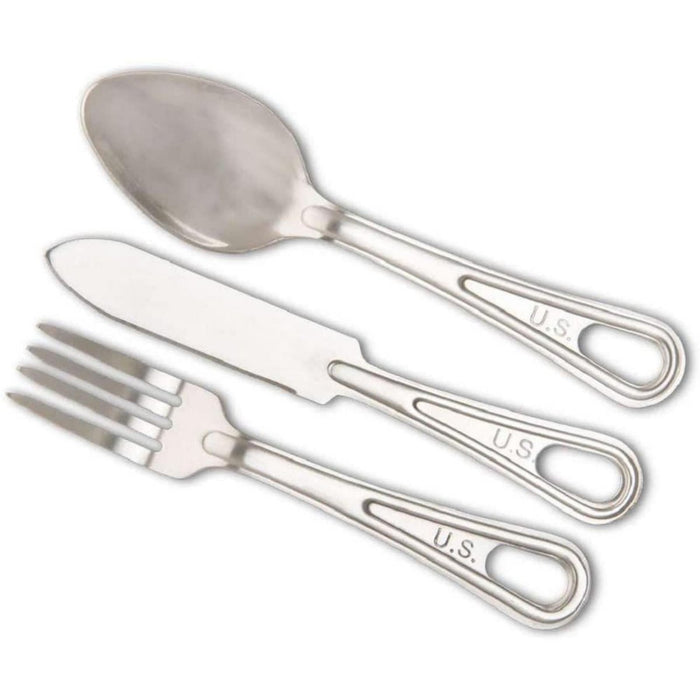 Ensemble de couverts Mil-Tec de style militaire américain en acier inoxydable avec cuillère, fourchette et couteau pour une utilisation en extérieur.