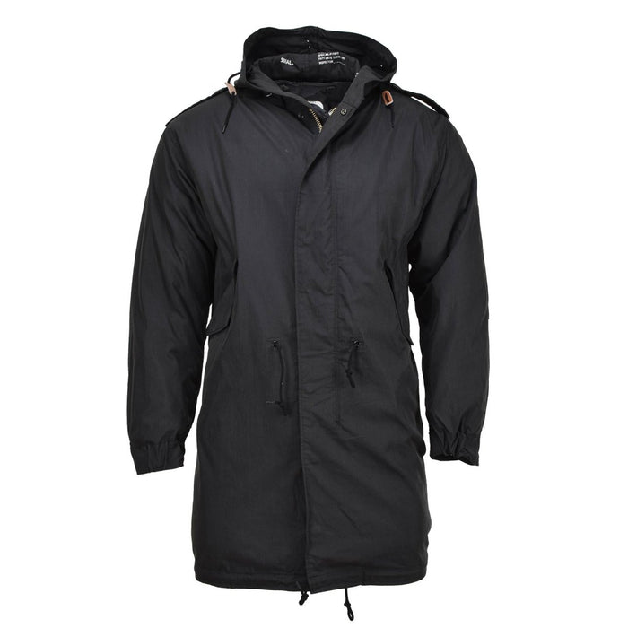 Parka noire de style militaire MIL-TEC M51 avec capuche, doublure matelassée, plusieurs poches et cordon de serrage à la taille pour plus de chaleur et de durabilité.