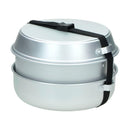 Compact MIL-TEC aluminum camping cookware set with pot, pan, and strap for easy outdoor cooking and travel.