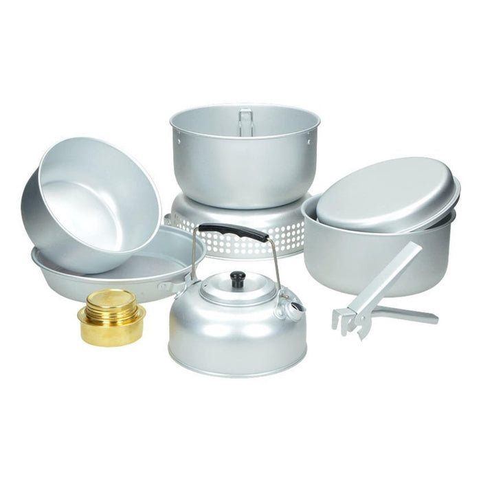 Batterie de cuisine de camping MIL-TEC avec casseroles, poêles, bouilloire, brûleur à alcool et ustensiles en aluminium pour la cuisine en plein air