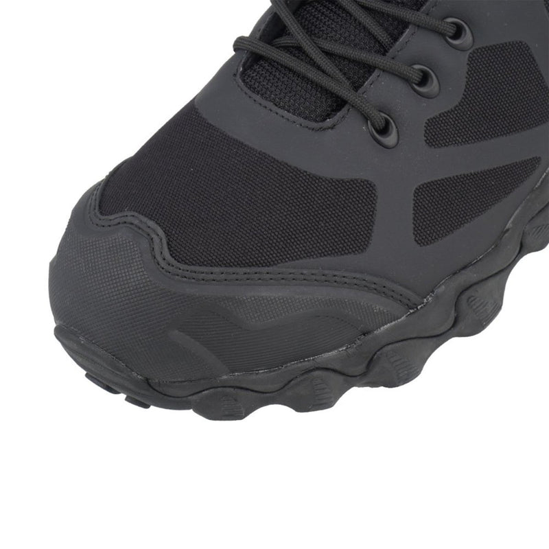 Close-up of black MIL-TEC Chimera tactical boot toe with reinforced protective cap and breathable fabric upper.