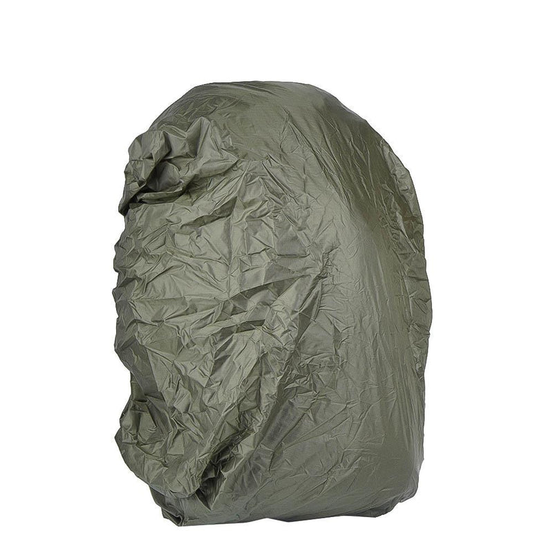 Green waterproof rain cover fully enclosing a large 55-liter MIL-TEC COMMANDO hiking backpack.