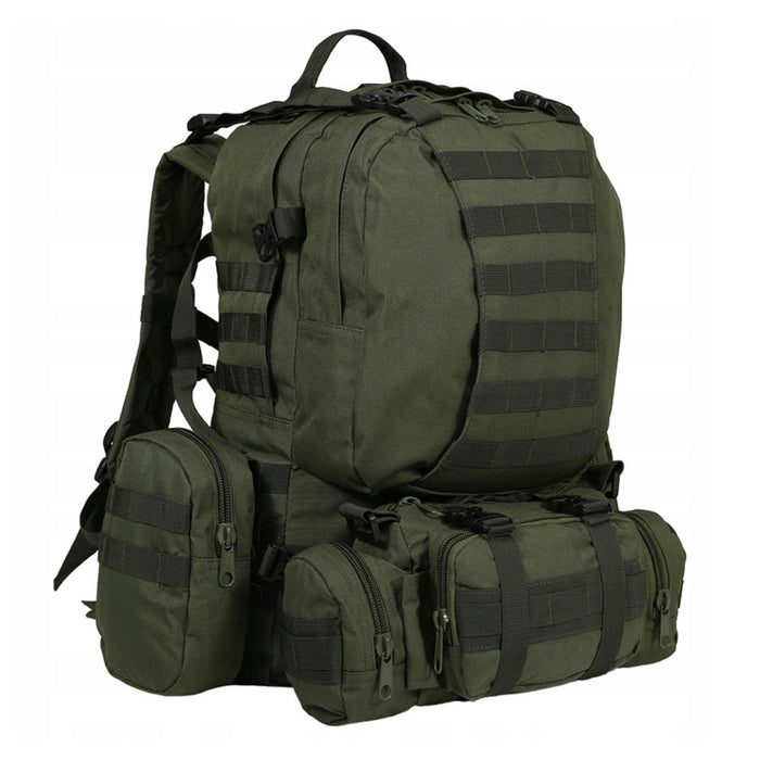 Sac à dos tactique olive de style militaire avec plusieurs pochettes détachables et sangle MOLLE pour une utilisation polyvalente en extérieur