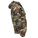 Side view of MIL-TEC German military winter combat jacket with woodland camo, hood, and windproof lining
