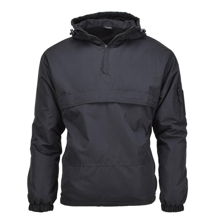 Veste anorak militaire allemande noire MIL-TEC doublée polaire avec capuche, coupe-vent et multiples poches, conçue pour une utilisation en extérieur.