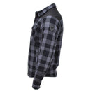 Side view of black and gray plaid MIL-TEC German Military Lumberjack jacket with durable fabric and multiple pockets