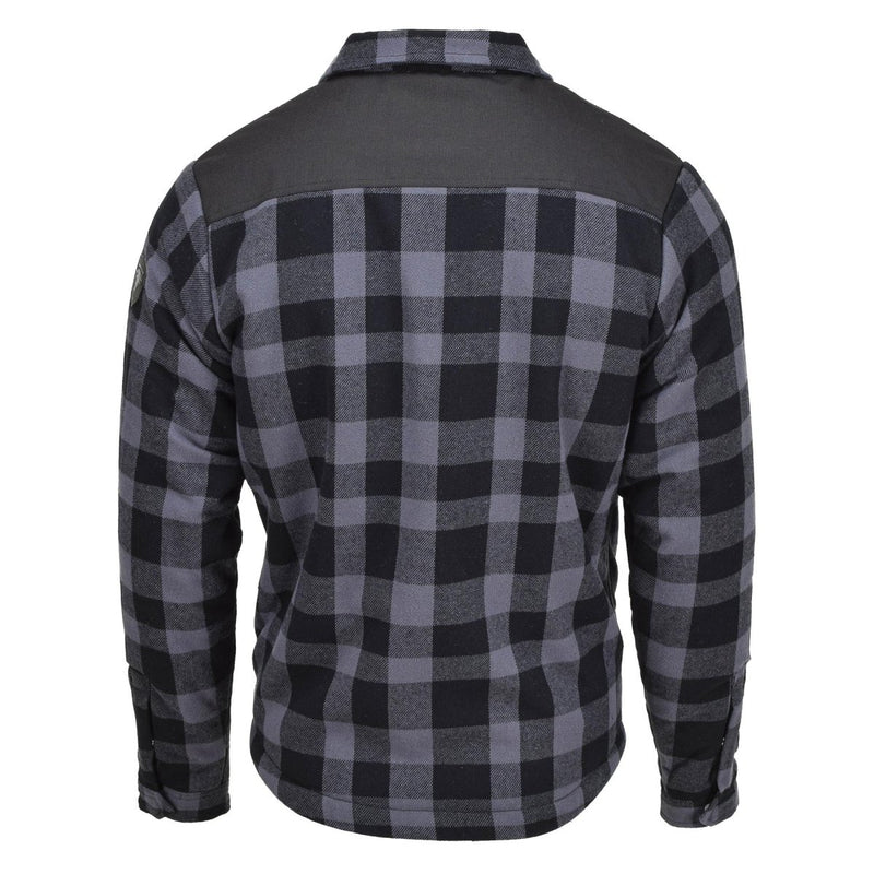 Back view of MIL-TEC German Military Lumberjack jacket in black and gray plaid checkered pattern