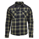 Black and olive plaid checkered lumberjack jacket with durable fabric and zippered front for warmth and outdoor use