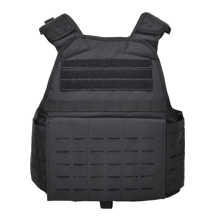 Gilet de transport de plaque de combat tactique noir MIL-TEC découpé au laser avec compatibilité MOLLE et bretelles réglables.