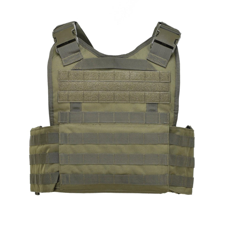 Olive green MIL-TEC tactical military plate carrier vest with MOLLE webbing and adjustable straps for combat use