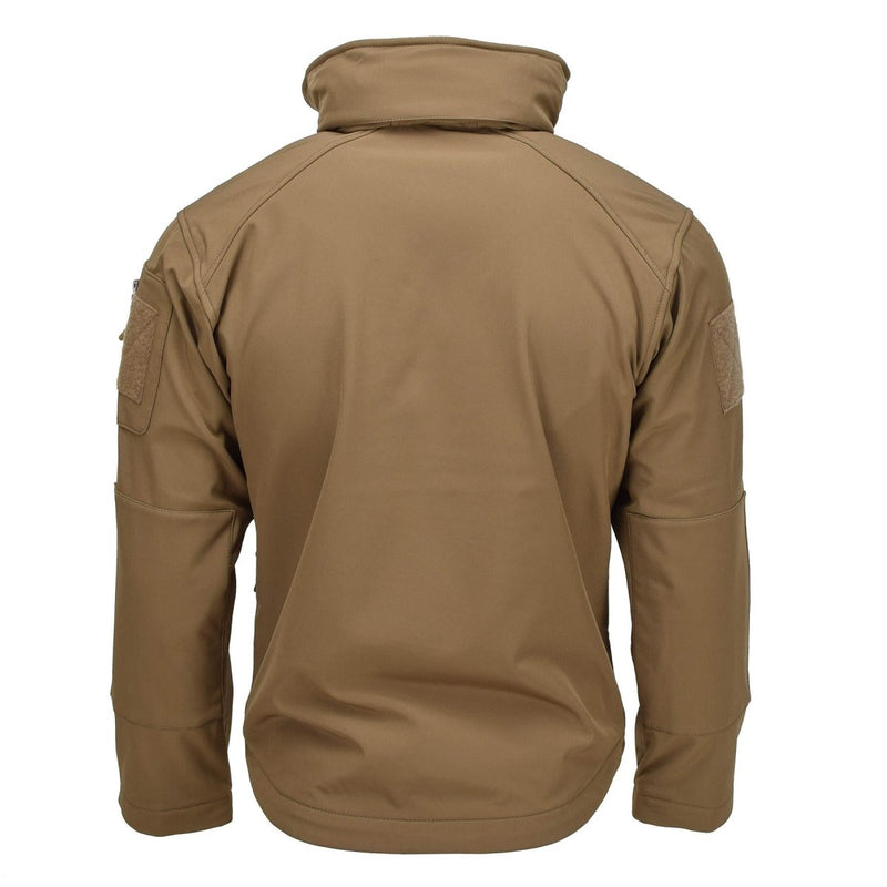 Back view of MIL-TEC soft shell tactical jacket in dark coyote with hood and durable, breathable fabric for outdoor use.