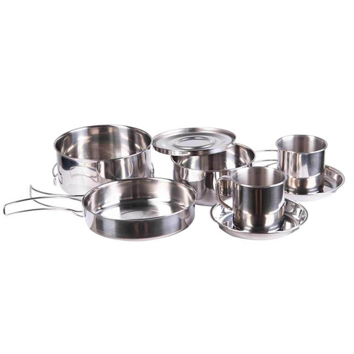 Batterie de cuisine d'extérieur MIL-TEC 8 pièces en acier inoxydable pour camping, casserole, tasse, assiette