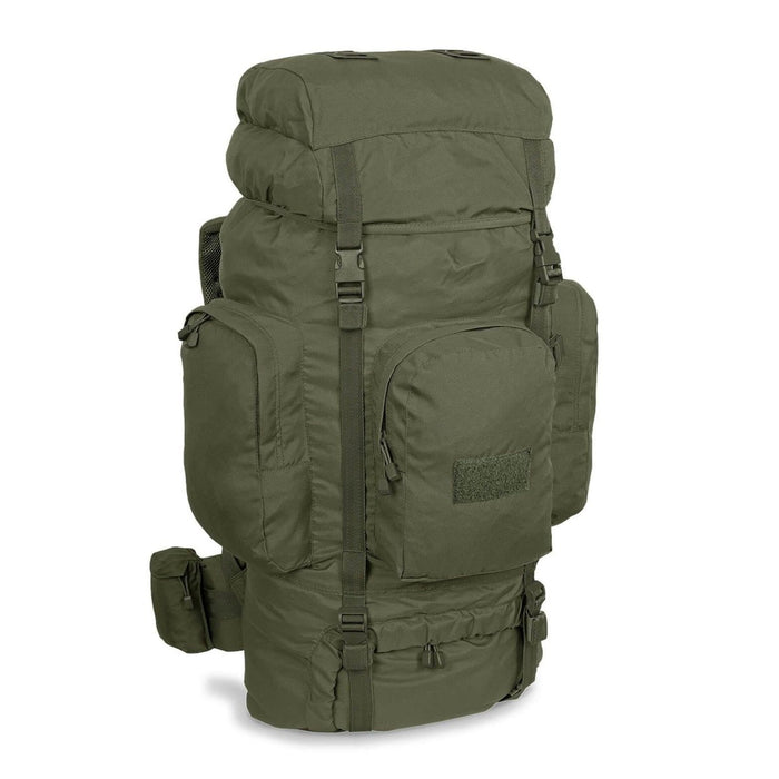 Grand sac à dos de randonnée olive MIL-TEC RECOM avec plusieurs compartiments, bretelles rembourrées et conception tactique durable pour le trekking.