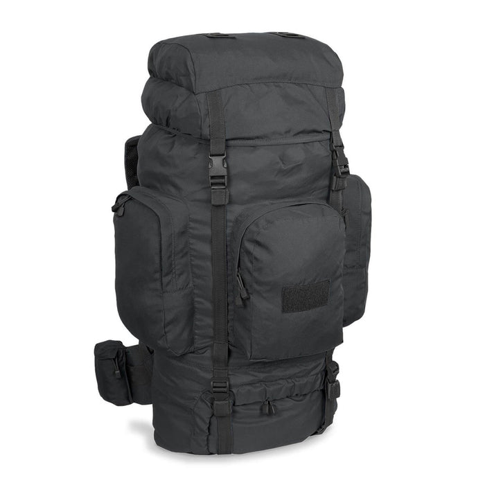Sac à dos tactique noir MIL-TEC RECOM avec plusieurs compartiments, bretelles rembourrées, idéal pour la randonnée, le trekking et l'utilisation en extérieur.