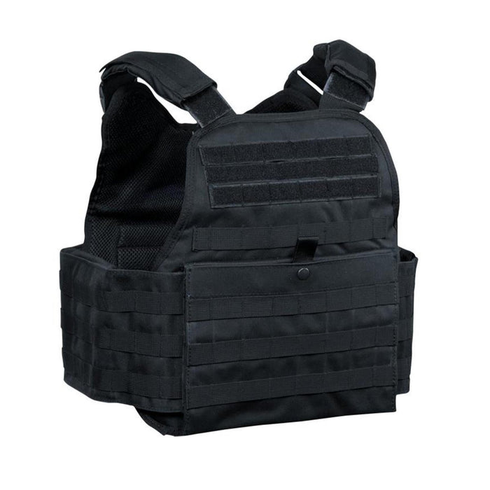 Gilet porte-plaque tactique MIL-TEC noir avec bretelles réglables et sangle MOLLE pour une utilisation militaire ou policière.