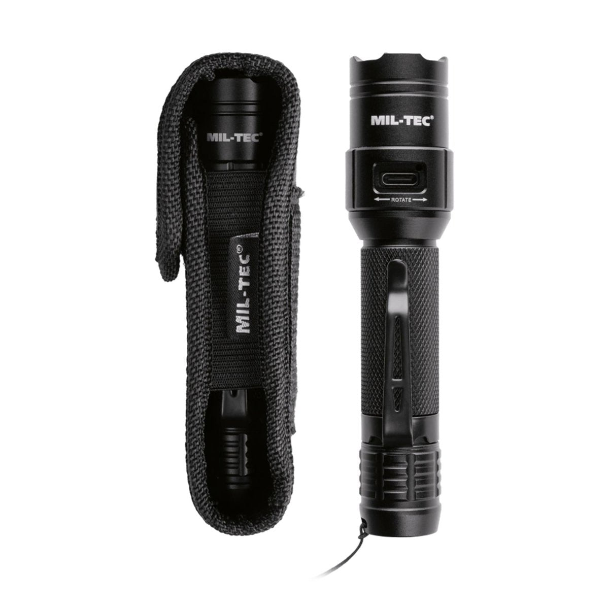 Lampe de poche tactique MIL-TEC 450 lumens USB-C, interrupteur arrière rechargeable Cree