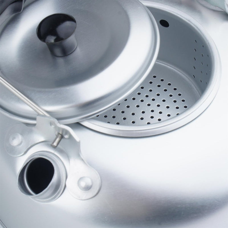 Close-up of MIL-TEC lightweight aluminum camping teakettle with built-in tea strainer and lid open