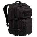 Black MIL-TEC U.S. Assault 36L tactical backpack with multiple zippered compartments and padded straps for hiking and outdoor use