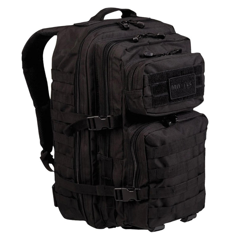Black MIL-TEC U.S. Assault 36L tactical backpack with multiple zippered compartments and padded straps for hiking and outdoor use