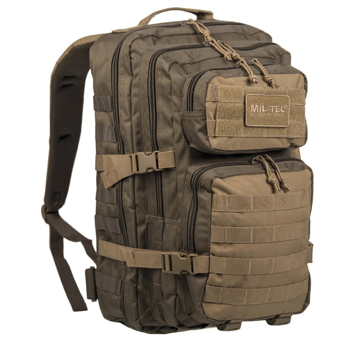 Sac à dos tactique MIL-TEC U.S. Assault Ranger olive 20L avec plusieurs compartiments et bretelles réglables pour la randonnée et le trekking.