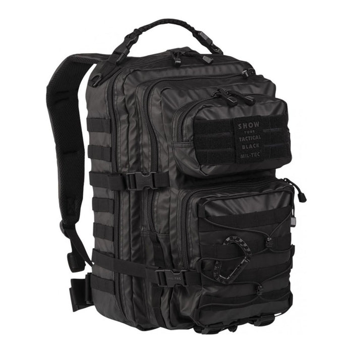 Sac à dos tactique noir MIL-TEC U.S. Assault Ranger avec plusieurs compartiments et bretelles rembourrées, capacité 36 litres, enduit PVC.