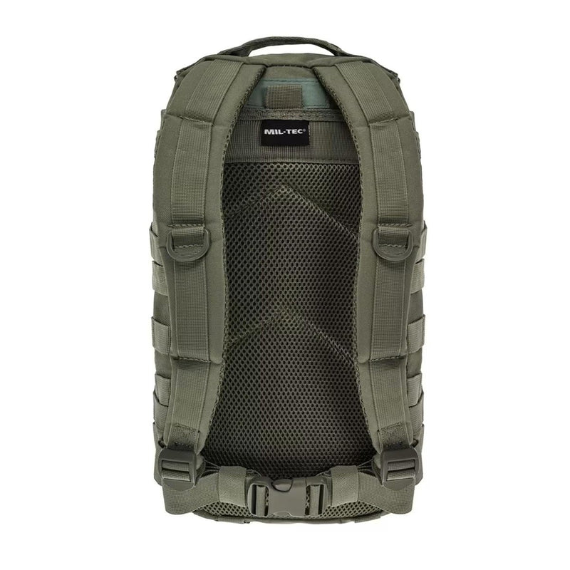 Back view of MIL-TEC olive 20L tactical backpack with padded straps and MOLLE system for outdoor and hiking use