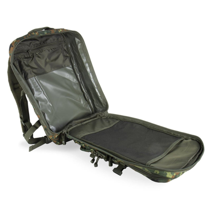 Open MIL-TEC U.S. Assault flecktarn 36L backpack showing multiple compartments and durable interior design