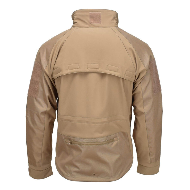 Back view of MIL-TEC coyote soft shell hiking jacket with stormproof design and zippered pockets