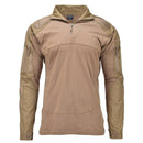 Mil-Tec military-style tactical combat shirt in dark coyote with padded shoulders and zippered arm pockets.