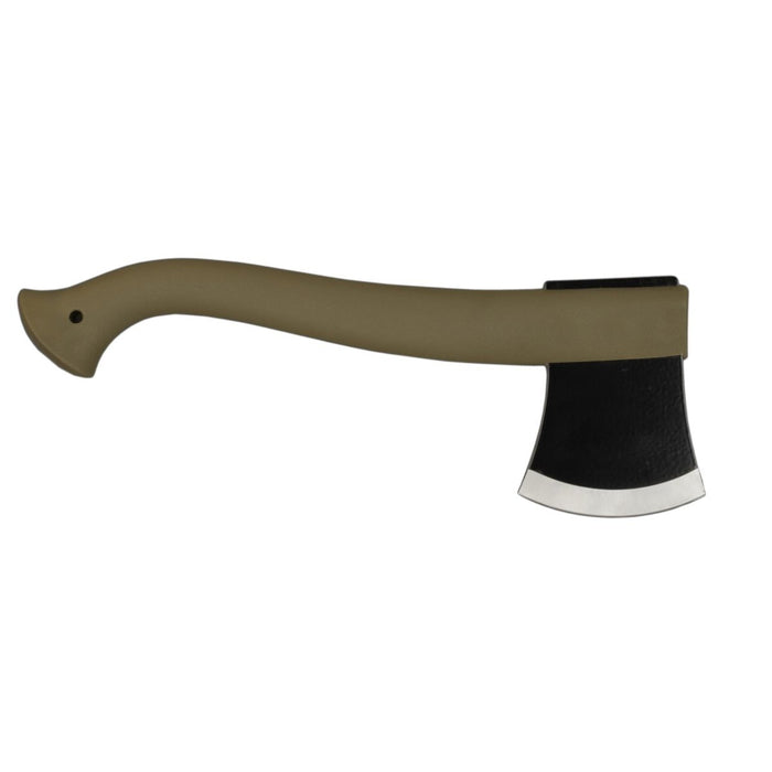 Lightweight MORAKNIV axe with ergonomic handle, boron steel blade, black ED-coating, and leather edge sheath for outdoor use.