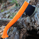 MORAKNIV Lightweight axe with bright orange handle and black boron steel blade resting on a tree trunk outdoors