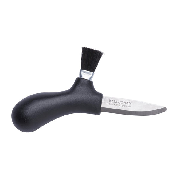 MORAKNIV mushroom picking knife with black ergonomic handle, recycled stainless steel blade, and attached cleaning brush.