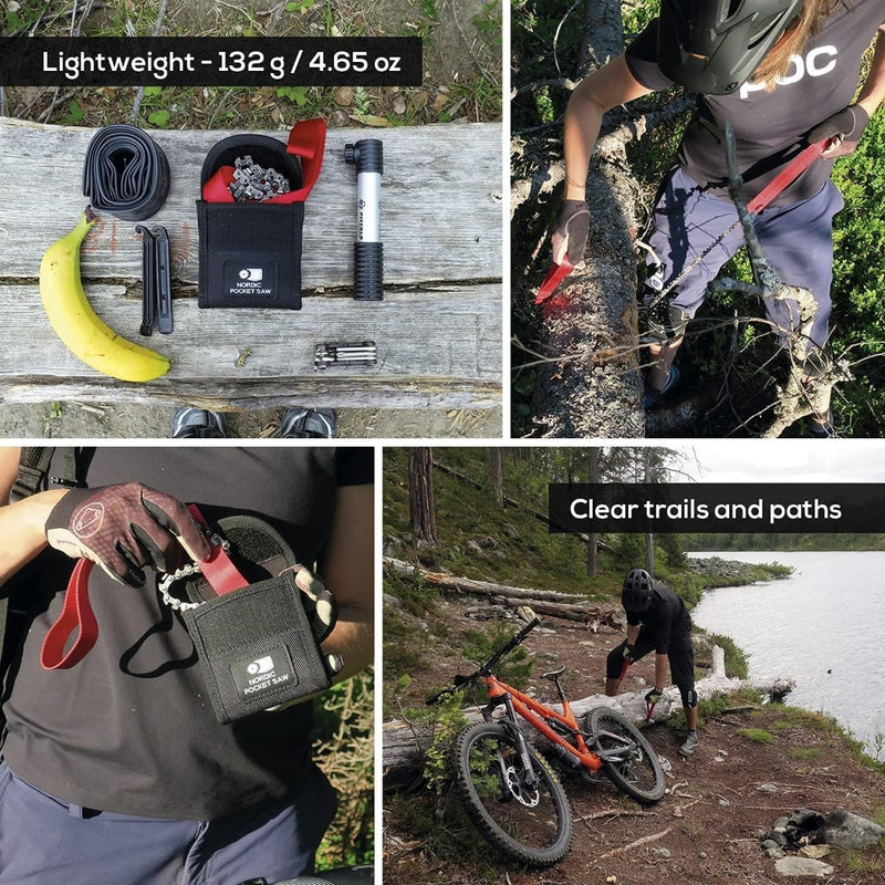 Nordic Pocket Saw with red handles shown in use clearing branches and stored in compact black case on outdoor trail.