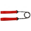Compact Nordic Pocket Saw with red nylon handles and heat-treated steel chain for portable outdoor woodcutting.