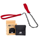 Compact Nordic Pocket Saw with red handles, steel chain, and black carrying case, ideal for camping and outdoor use.