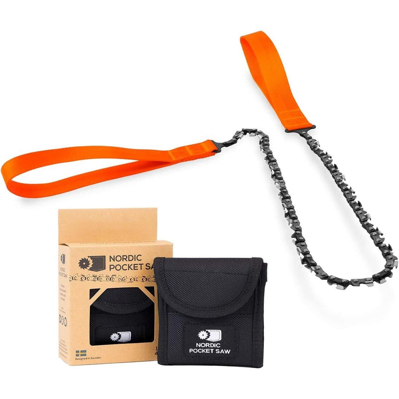 Portable Nordic Pocket Saw with orange handles, high-carbon steel chain, and black nylon case for hiking and survival tasks