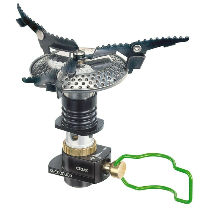 Réchaud de camping Crux compact, pliable et léger avec contrôle de flamme réglable pour une cuisine extérieure efficace.