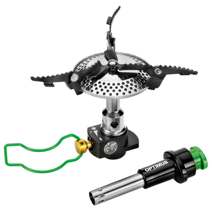 Réchaud de camping compact Optimus Crux Lite avec bras pliables et allumage piézo pour une cuisine légère en randonnée.