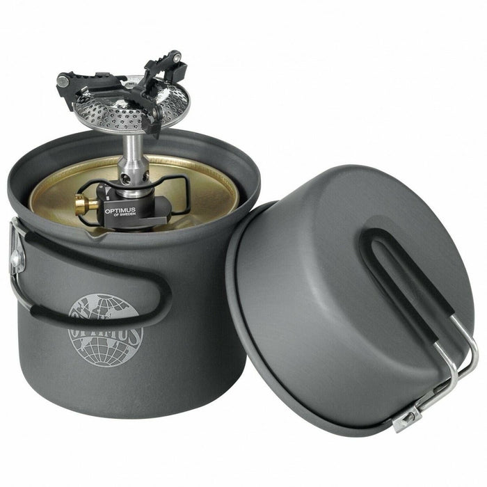 Réchaud de camping compact Optimus Crux Lite avec brûleur à gaz et casserole, conçu pour la randonnée légère et la cuisine en plein air.