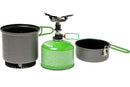 Optimus Crux Weekender HE camping gas stove with green fuel canister and lightweight pans for outdoor cooking.